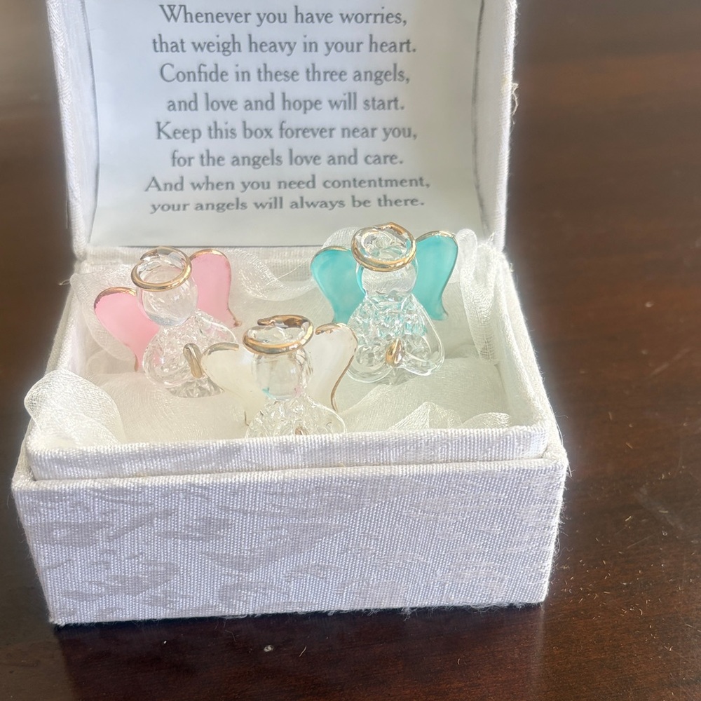Glass Angel Worry Box with Pink and Blue Accents
